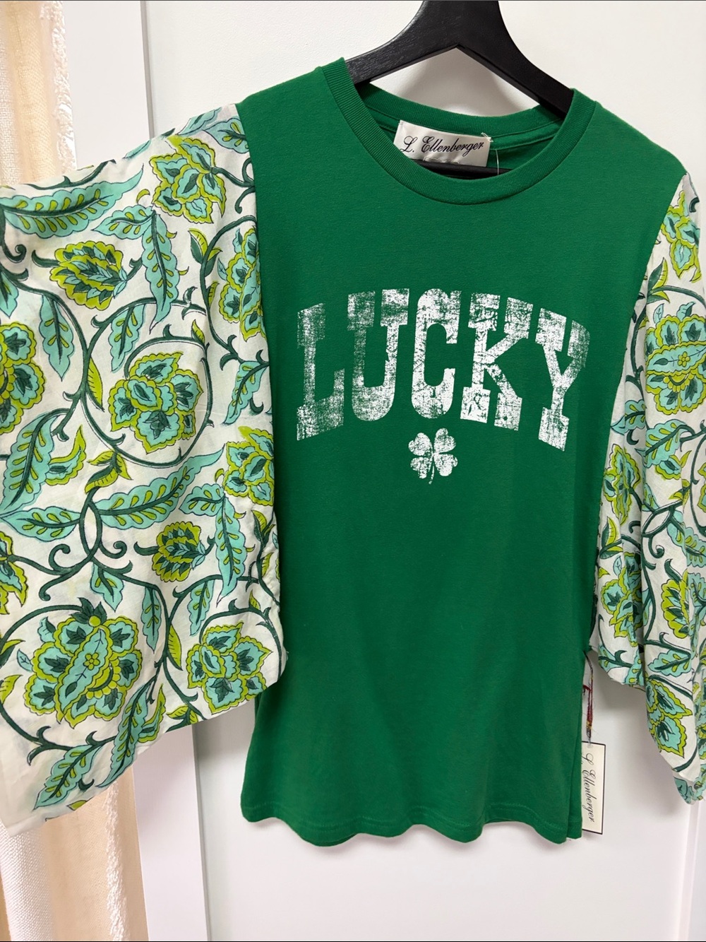 Lucky Green “Poncho” Top with India Block Print Sleeves